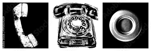 Classic analog phone receiver, rotary dial telephone, old school communication device, retro telecom equipment, black and white halftone illustration.