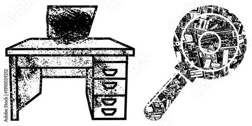 Office workstation with laptop, filing desk, magnifying glass over money, financial analysis, business research, budget review, accounting tools.