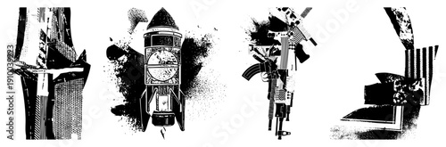 Stylized black and white vector illustrations of firearms and with halftone textures, geometric fragmentation, and dynamic splatter effects. Artistic deconstruction of military hardware.