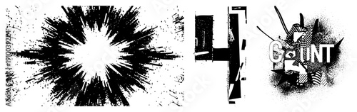 High contrast halftone burst, fragmented numeral four, stylized word "COUNT" with textures, vector art, graphic design elements, black and white.