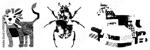Graphic vector art of lion, beetle, and rocking horse, each filled with detailed halftone and geometric, isolated on transparent background.