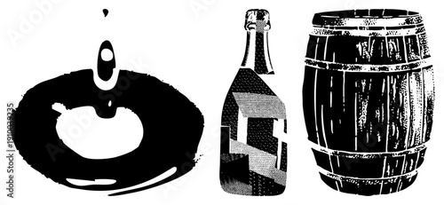 Black and white halftone illustration of liquid splash, champagne bottle, and wine barrel, stylized vector graphic, isolated elements, beverage, rustic and celebratory themes.