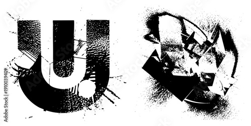Graphic letter U with textured halftone and splatter effects, abstract geometric, vector art, bold typography, fragmented design, composition.