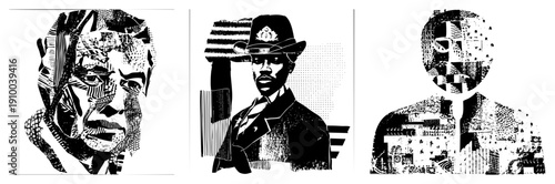Stylized portraits composed of fragmented, halftone textures, and geometric shapes, depicting diverse individuals in artistic vector form.