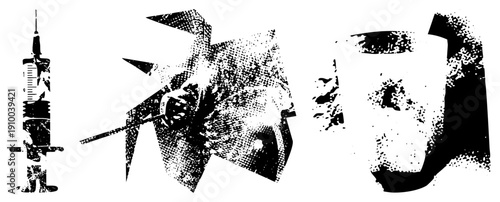 Black and white halftone vector of syringe, injection, and IV bag, medical illustration, graphic design elements, healthcare symbols, stylized medical tools.