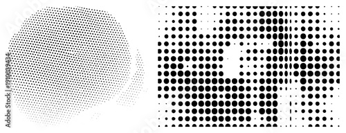 Vector graphic using halftone dots to form abstract shapes, gradient shading, isolated design, black and white, geometric, modern minimalism.