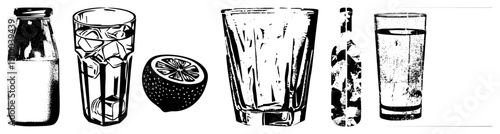 Black and white halftone graphic of drink bottles, glasses with ice, lemon slice, and textured glassware, isolated vector art for beverage branding or menu design.