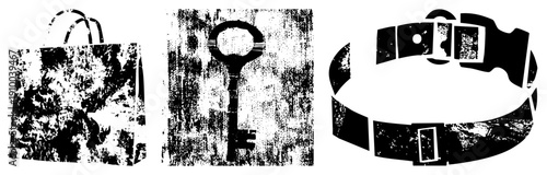 Grunge styled shopping bag, old fashioned key, distressed belt all isolated vector with textured. Perfect for retro branding or vintage design projects.