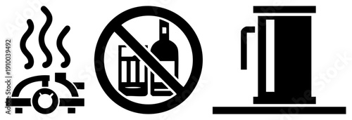 rising from stove burner, prohibition sign over alcohol bottle, gas pump nozzle all in minimalist black vector style. Symbols for cooking, alcohol restriction, and fueling.
