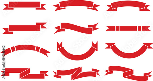 A bold red ribbon banner collection featuring straight, curved, folded, and wavy shapes perfect for badges, labels, branding, and promotional designs.