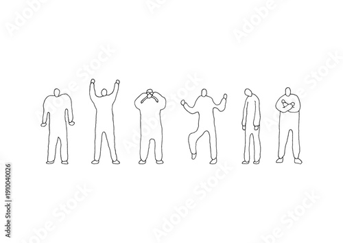 喜怒哀楽を全身で表現する人物のラフでゆるい手描きイラストセット（線画）
