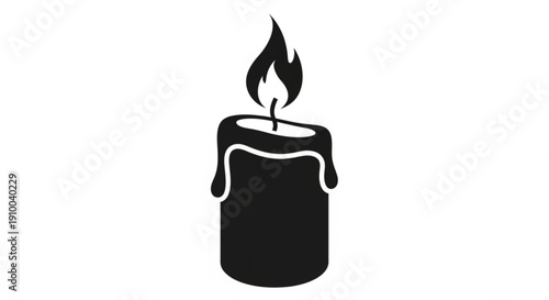 Black candle with melting wax and lit flame on white background minimalist design