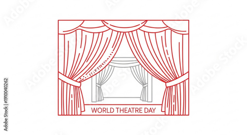 Theatre curtains on world theatre day with red outline and white background