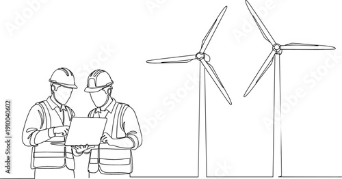 Continuous one line drawing of engineers with laptop standing near wind turbines for renewable energy and sustainable industry.