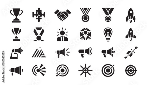 Success achievement and business growth vector icons including trophy medals and rocketship