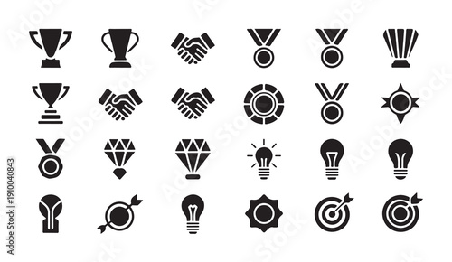 Achievement and partnership icons including trophies handshake medals and target objective set