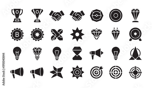 Set of black business marketing and success icons including megaphone diamond and target sign