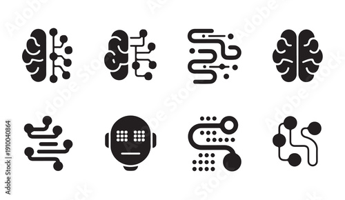 Artificial intelligence and technology icons featuring digital brain and neural network shape