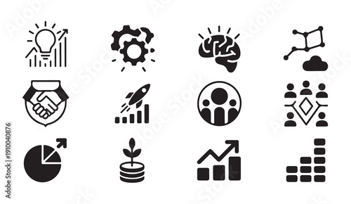 Business solution icons set. growth, partnership, innovation, strategy, startup, teamwork, analysis