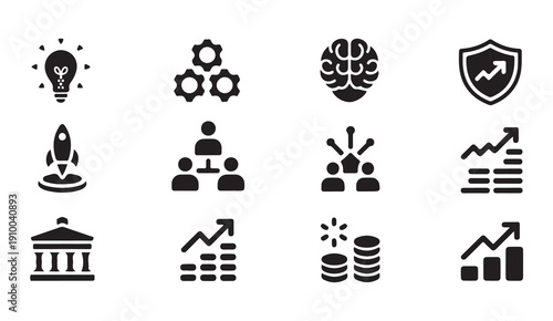 Business development icons. idea, gears, brain, shield, rocket, teamwork, money, growth, bank