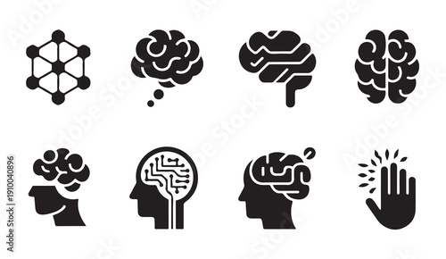 Brain and mind vector icons set. intelligence, learning, thinking, artificial intelligence, creativity