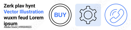 Buy button, gear, and phone receiver icons symbolize e-commerce, settings, and communication. Ideal for business, technology, customer support, UIUX app design shopping platforms simple landing