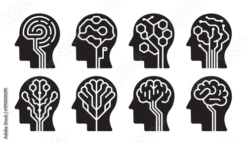 Human head profiles with stylized neural network and circuit board designs