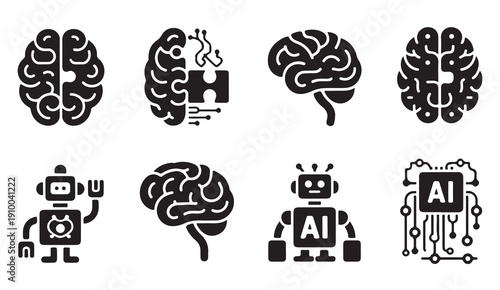 Brain icon, AI robot, puzzle piece, technology and intelligence, artificial mind