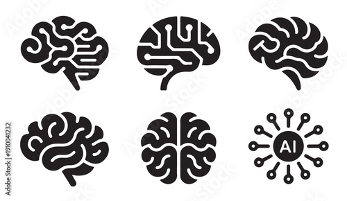 Brain with circuit lines, AI symbol and human mind, technology concept vector