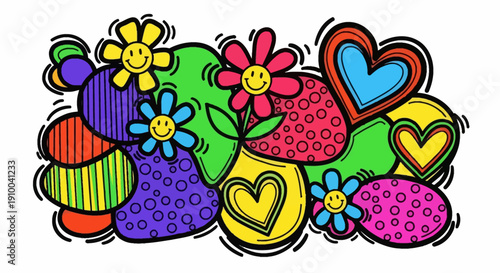 Cheerful Hearts and Flowers Doodle Art