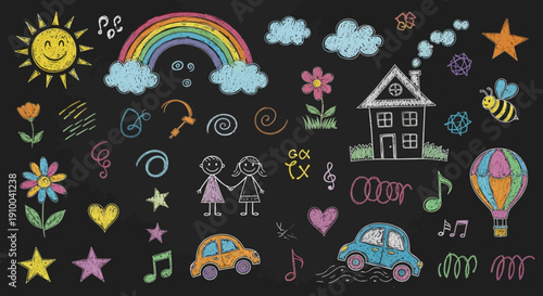 Childlike Chalk Drawings on Blackboard Background