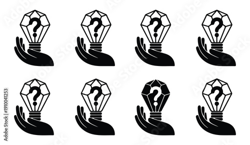 Crystal light bulb held in hand silhouette vector icon representing knowledge and solutions