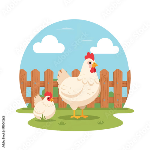 White Chicken Hen and Chick Standing.