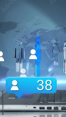 Vertical video: Blue callout counting users while hand pressing keys, icons rising, showing growth