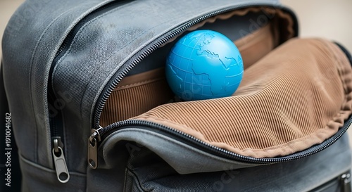 Wallpaper Mural Small blue globe stress ball tucked into the pocket of a gray backpack. Concept for global travel, international education, geography, adventure, and portable mental health tools. Torontodigital.ca