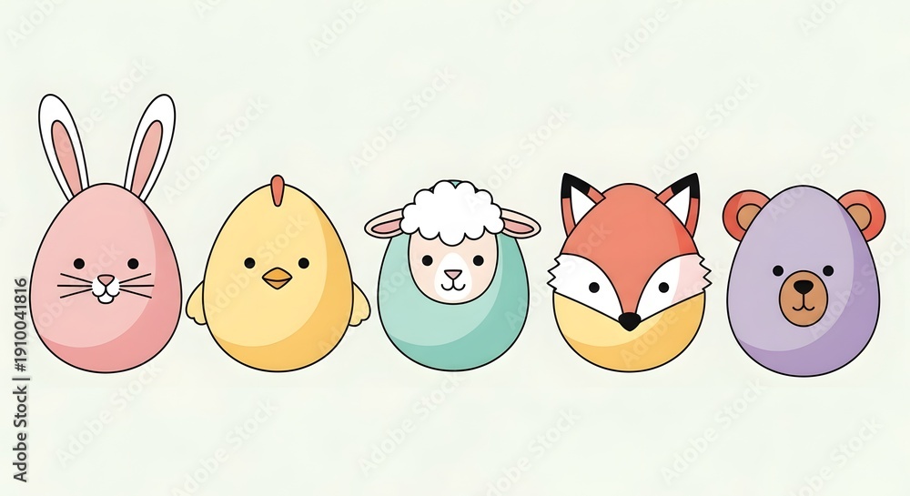 Obraz premium Easter egg characters including bunny, chick, sheep, fox, bear
