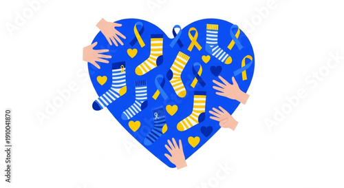 World Down Syndrome Day global unity and support, featuring diverse hands reaching into a blue heart adorned with striped socks and yellow ribbons, promoting awareness and inclusion