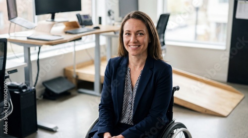 Confident Professional Woman in Wheelchair Smiling at the Workplace, Empowered and Inclusive Office Environment, Promoting Diversity, Accessibility, and Equal Opportunities in Corporate Culture