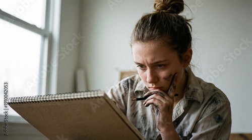 Focused Young Woman with Pencil in Hand, Deep in Thought While Sketching in Her Art Studio, Creative Process, Artistic Expression, Artistic Challenge, and Inspiration in Natural Light