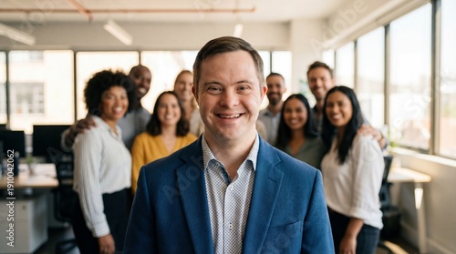 Smiling Man with Down Syndrome Posing with Diverse Team in Modern Office, Promoting Inclusion, Equality, and Workplace Diversity, Collaborative Environment, Professional Success