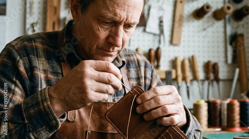 Skilled Craftsman Sewing Leather Wallet with Needle in Workshop, Handmade Artisanal Work, Leather Crafting, Traditional Techniques, Close-Up of Expert Artisan Creating Custom Product