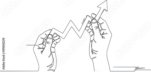 Continuous one line drawing of two hands holding an upward arrow for financial growth and success concept.