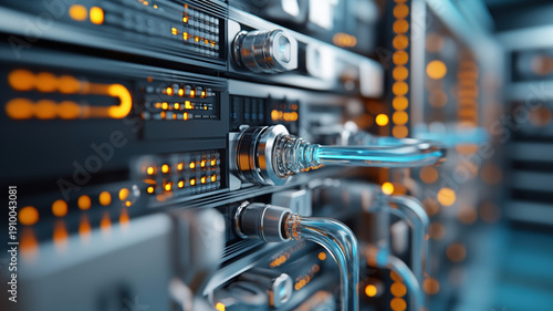 Liquid cooling server technology with clear tubes and glowing orange lights in data center environment showing advanced hardware setup