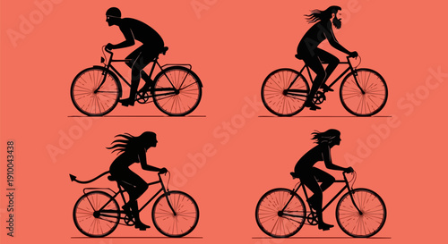 Evolution of Cycling Vector Illustration: Primate, Caveman, Woman with Tail, and Modern Female Cyclist Silhouettes on Orange Background