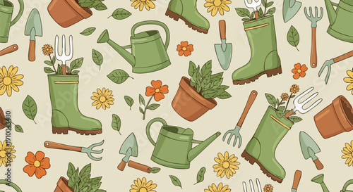 Vector seamless pattern with green garden boots, watering cans, potted plants, flowers, and gardening tools on light background