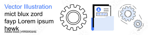 Workflow organization, business processes, document management, data integration, automation, workflow optimization. A file folder with a document and gears. Workflow organization and business