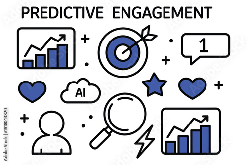 predictive engagement hand drawn doodle illustration forecast chart and target icon.