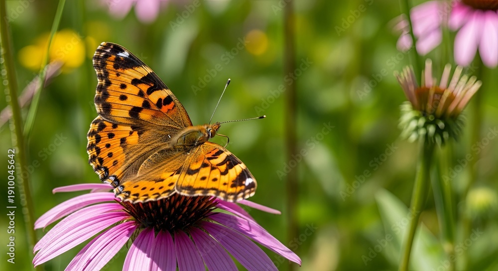 Obraz premium Painted Lady Butterfly on Purple Coneflower in a Sunny Meadow.