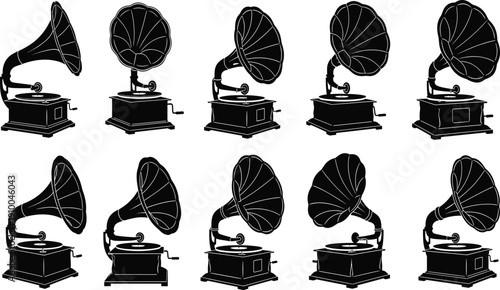 Vintage gramophone silhouette illustration, retro phonograph design, antique music player artwork, classic sound recording device, historical audio equipment drawing