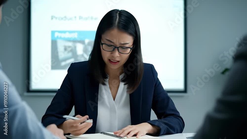 Focused Discussion: A composed professional woman, wearing glasses, intensely reviews documents during a crucial meeting.